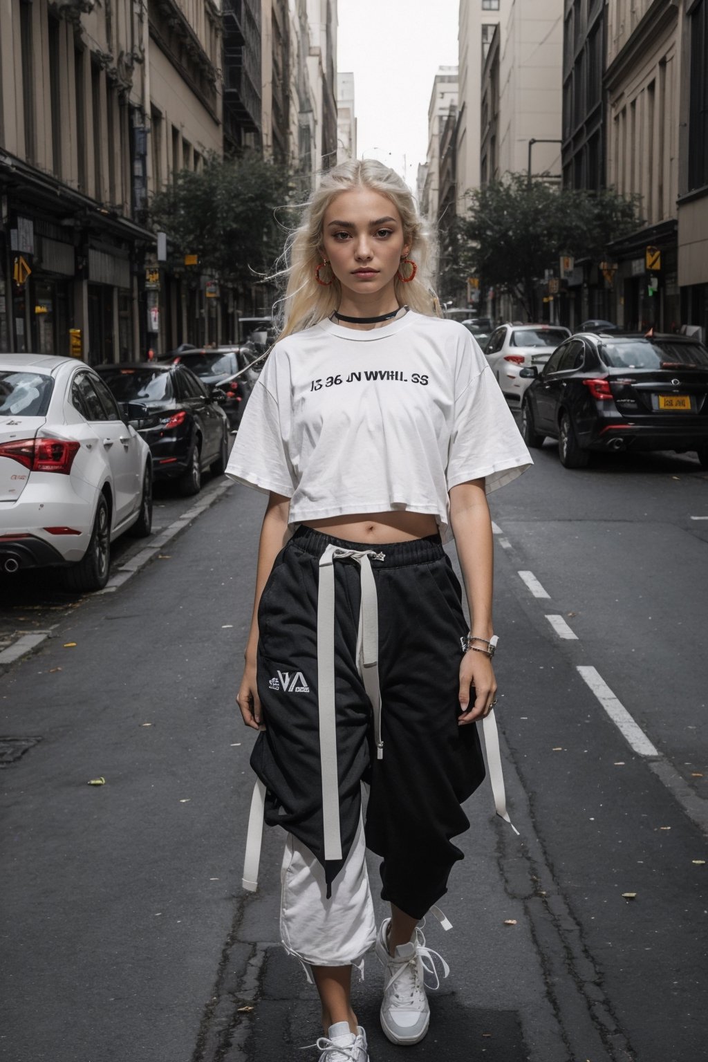1girl, young pretty white girl, hot top model, long blonde hair, wearing a white oversize t shirt (t shirt only white color) and Acronym J36-S black pants and Acronym P30A-DS and black and white sneakers, piercings, in city, (((looking down at the camera))), instagram model, 80mm,urban techwear,weapon