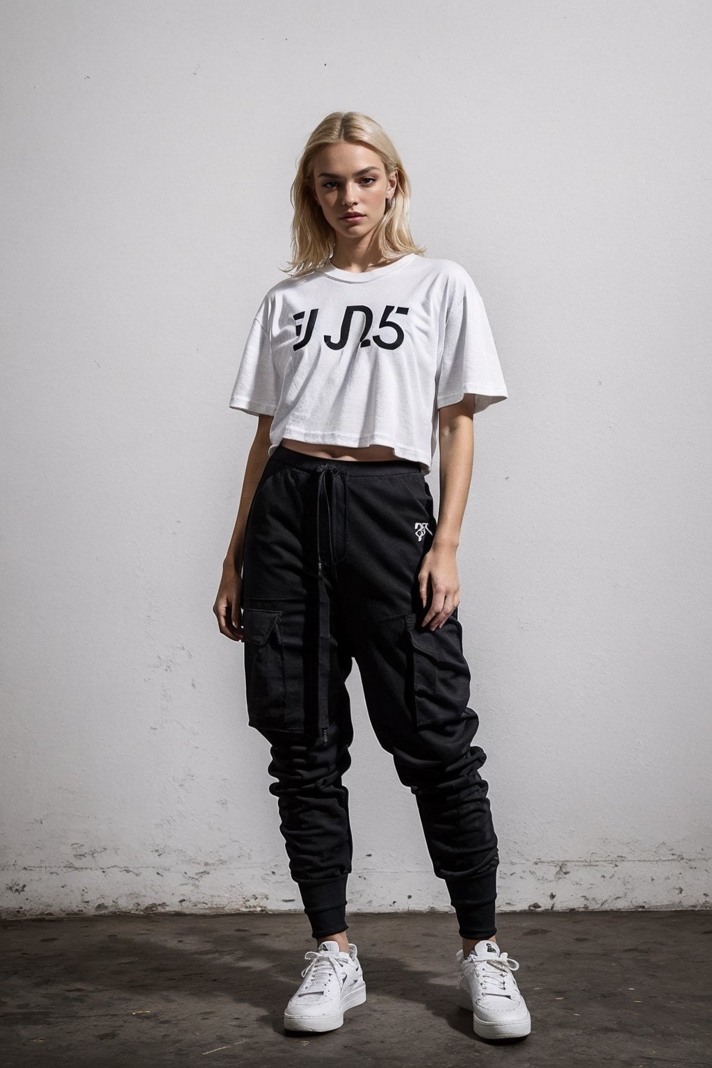 1girl, young white girl, hot top model, long blonde hair, wearing a white oversize t shirt (t shirt only white color) and Acronym J36-S black pants and Acronym P30A-DS and black and white sneakers, in city, instagram model, 80mm,urban techwear