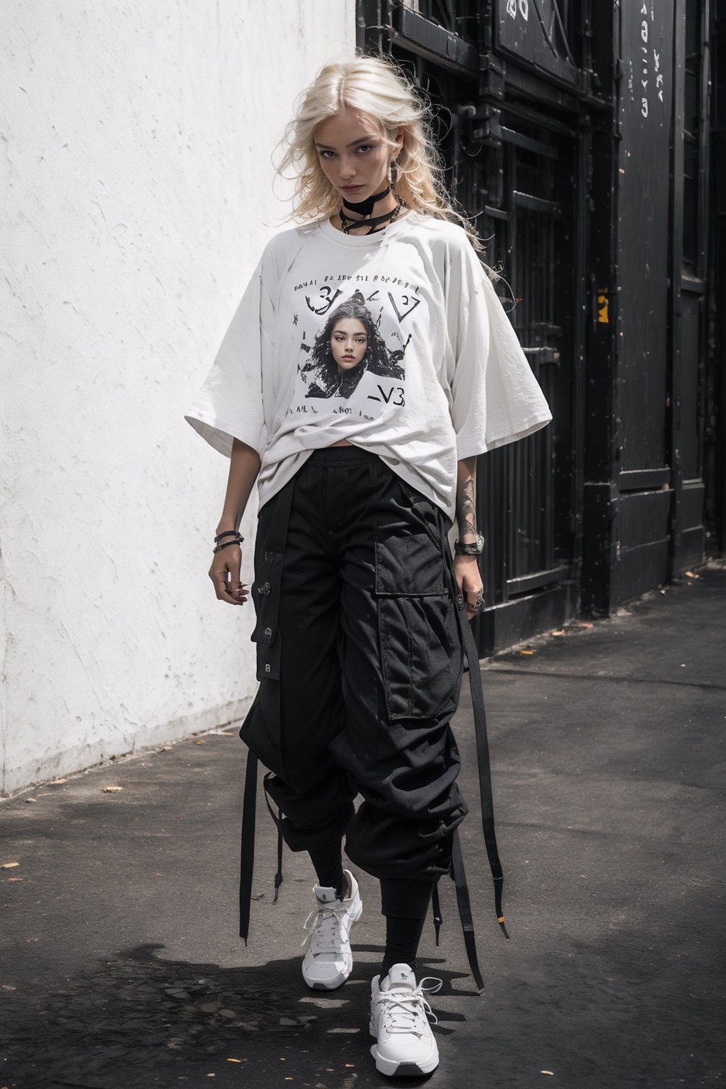 1girl, young white girl, hot top model, long blonde hair, wearing a white oversize t shirt (t shirt only white color) and Acronym J36-S black pants and Acronym P30A-DS and black and white sneakers, in city, instagram model, 80mm,urban techwear,weapon,midjourney
