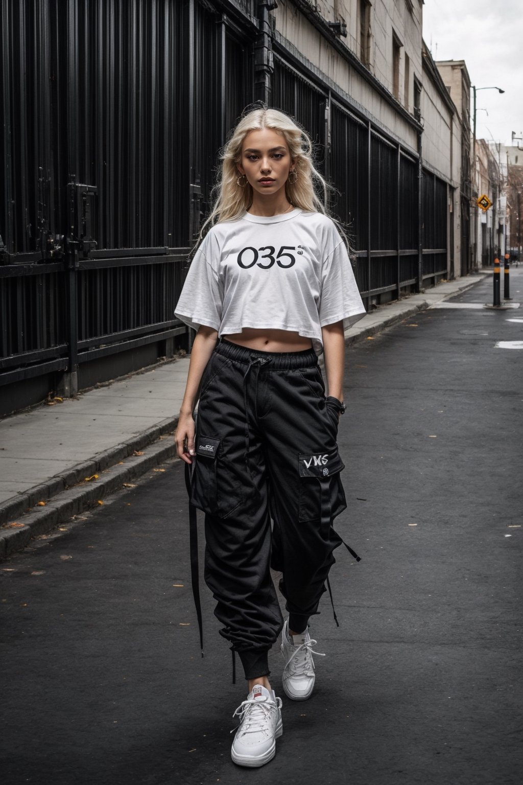 1girl, young pretty white girl, hot top model, long blonde hair, wearing a white oversize t shirt (t shirt only white color) and Acronym J36-S black pants and Acronym P30A-DS and black and white sneakers, piercings, in city, instagram model, 80mm,urban techwear,weapon