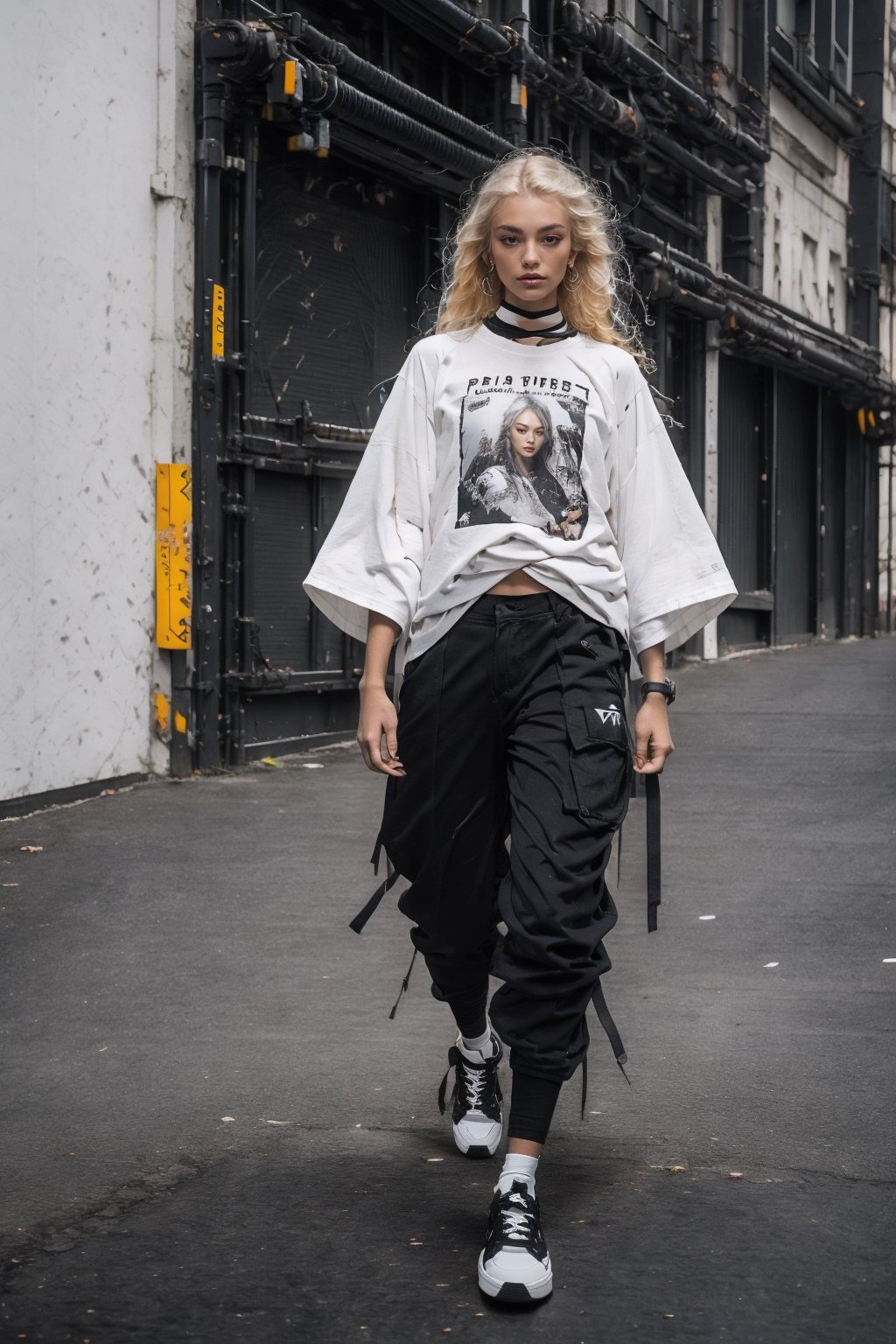 1girl, young pretty white girl, hot top model, long blonde hair, wearing a white oversize t shirt (t shirt only white color) and Acronym J36-S black pants and Acronym P30A-DS and black and white sneakers, in city, instagram model, 80mm,urban techwear,weapon,midjourney
