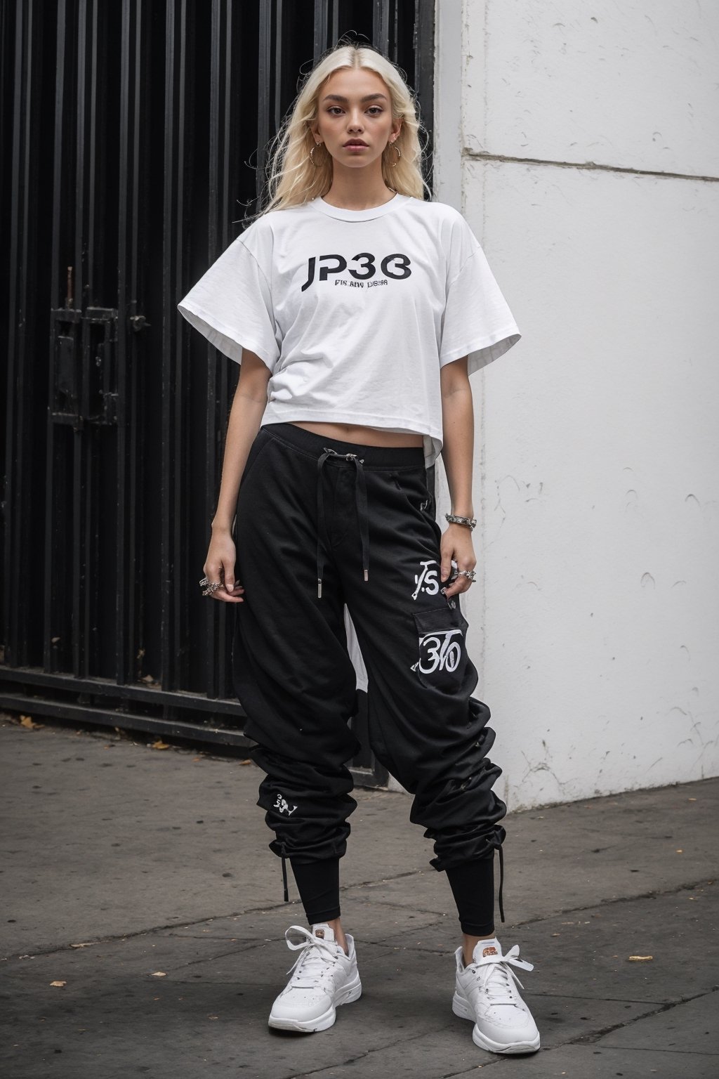 1girl, young pretty white girl, hot top model, long blonde hair, wearing a white oversize t shirt (t shirt only white color) and Acronym J36-S black pants and Acronym P30A-DS and black and white sneakers, piercings, in city, instagram model, 80mm,urban techwear,weapon