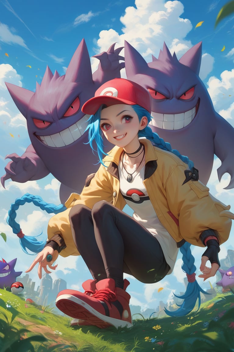 source_anime, score_9, score_8_up, score_7_up, gengar and jinx (league og legends), pokemon, jacket, snaphat, clouds,  smile, perfect eyes, aax, pokemon trainer