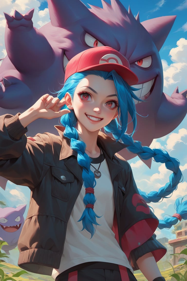 source_anime, score_9, score_8_up, score_7_up, gengar and jinx (league og legends), pokemon, jacket, snaphat, clouds,  smile, perfect eyes, aax, pokemon trainer