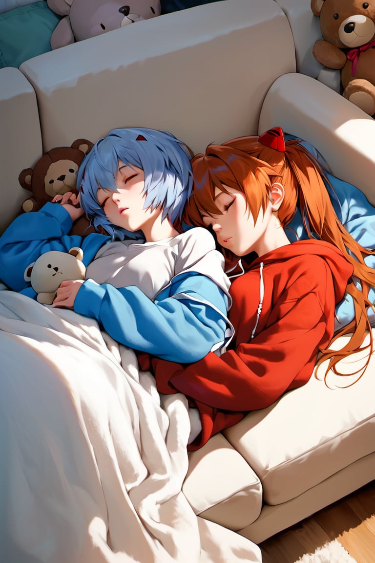 source_anime, score_9, score_8_up, score_7_up,  2_girls, ayanami_rei and asuka langley,  cozy,  sleeping, couch, lay down, aax, blanket, hoodie, teddy_bear, pijama, 