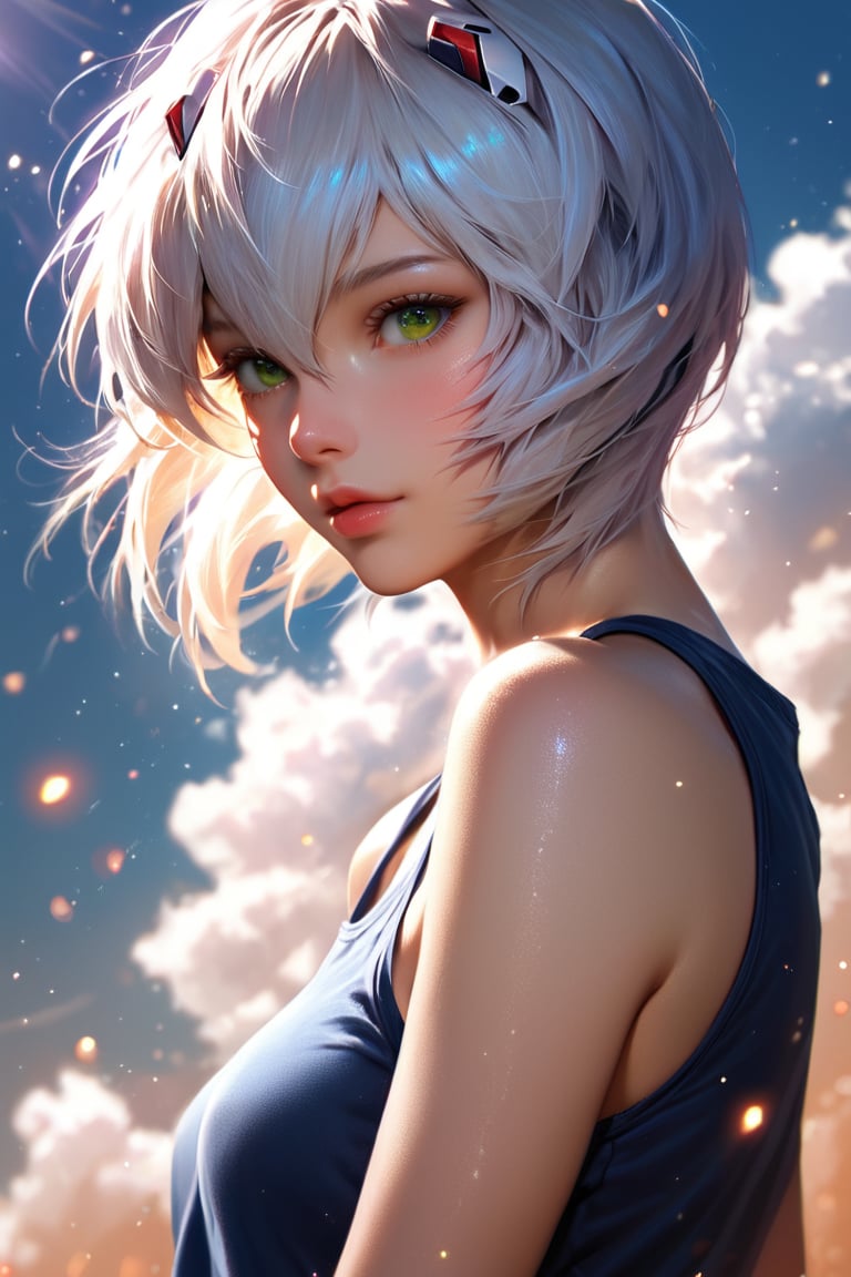 source_anime, score_9, score_8_up, score_7_up, 1_girls, ayanami_rei and white hair, green eyes,  tank shirt,  dust particles, sunlight, realistic, complex_background, detailed