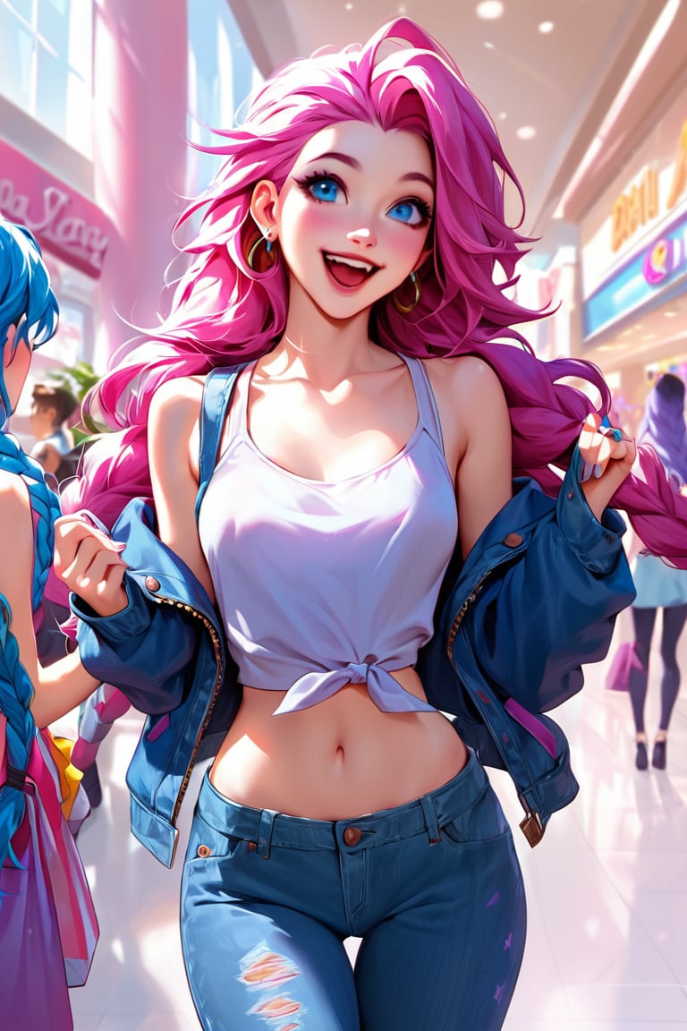 source_anime, score_9, score_8_up, score_7_up,  1girl, jinx (league of legends), snickers, harem pants,  tank shirt denim jacket, tied blouse, mall, shoping, happy, runing, aax, carring bags, seraphine, 