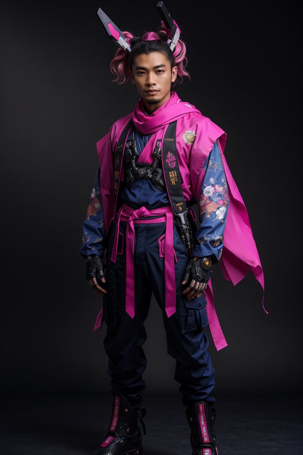 1male, (best quality,8K,highres,masterpiece, ultra-detailed, super colorful, vibrant, realistic, high-resolution), wide view, full picture head-to-toe, colorful portrait of an asian male with flawless anatomy, his left hand is detachable mechanical prosthetics hand, he is wearing a blue-coloured tactical kimono with no under-garment under it, baggy cargo pants, doctor marten's high boots, His tattoed skin is extremely detailed and realistic, with a natural and lifelike texture. ((His pink-colored wavy hair is tied in high-knot, man-bun)) The background is black. The lighting accentuates the contours of his face, adding depth and dimension to the portrait. The overall composition is masterfully done, showcasing the intricate details and achieving a high level of realism,Hair,zzmckzz,Mecha body,mecha,mecha musume,kimono,BJ_Gundam,haman karn,Rabbit ear,urban techwear,tech
