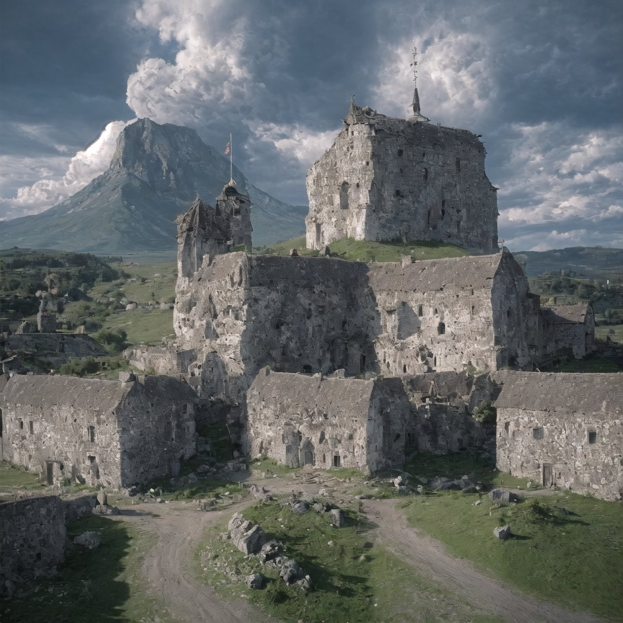 Medieval village buildings scene with busy streets and castle in the distance, clouds and mountains ,FFIXBG,High detailed 