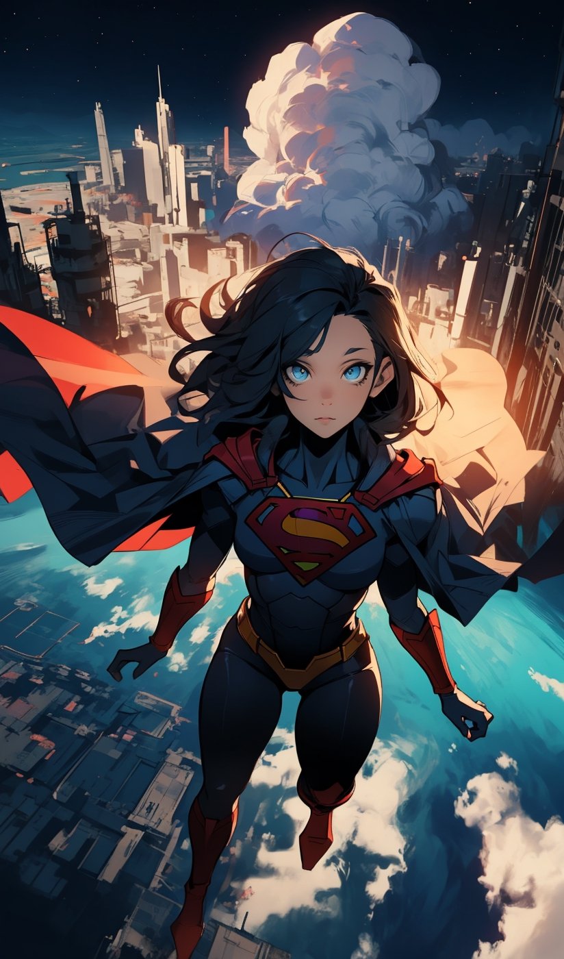 ((Masterpiece, highly detailed, extremely detailed, beautiful, HD)), 1lady, area lighting, hourglass_figure, HD, 8k, ((supergirl)), long_cape, (knight black armor), black_hair, blue eyes, nake, full body, cloud, flying, levitating, sky, zero gravity, view from above looking down, moon, night, stars, looking up,