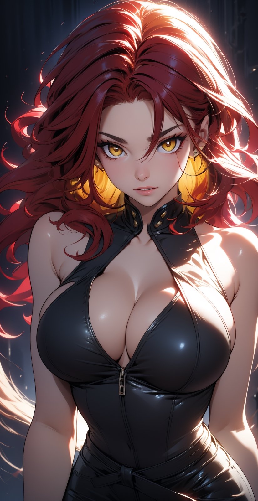 Detailed woman, long_hair:1.1, ((red hair)), hair_past_waist, detailed hair, \\detailed breasts\\, big breasts, slim waist, ((yellow eyes:1.2)), detailed bangs, hair between eyes:1.2, detailed eyebrows, simple black background, masterpiece, ultra detailed, best illustrated, showing off, seductive_pose, sexy eyes, (medium portrait), (super model slim body),NJI BEAUTY