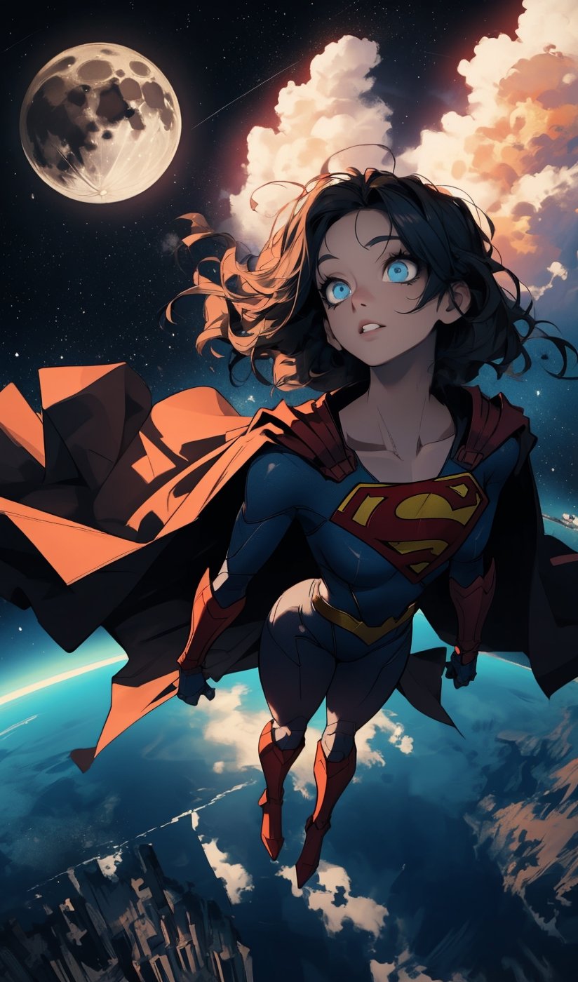((Masterpiece, highly detailed, extremely detailed, beautiful, HD)), 1lady, area lighting, hourglass_figure, HD, 8k, ((supergirl)), long_cape, (knight black armor), black_hair, blue eyes, nake, full body, cloud, flying, levitating, sky, zero gravity, view from above looking down, moon, night, stars, looking up,