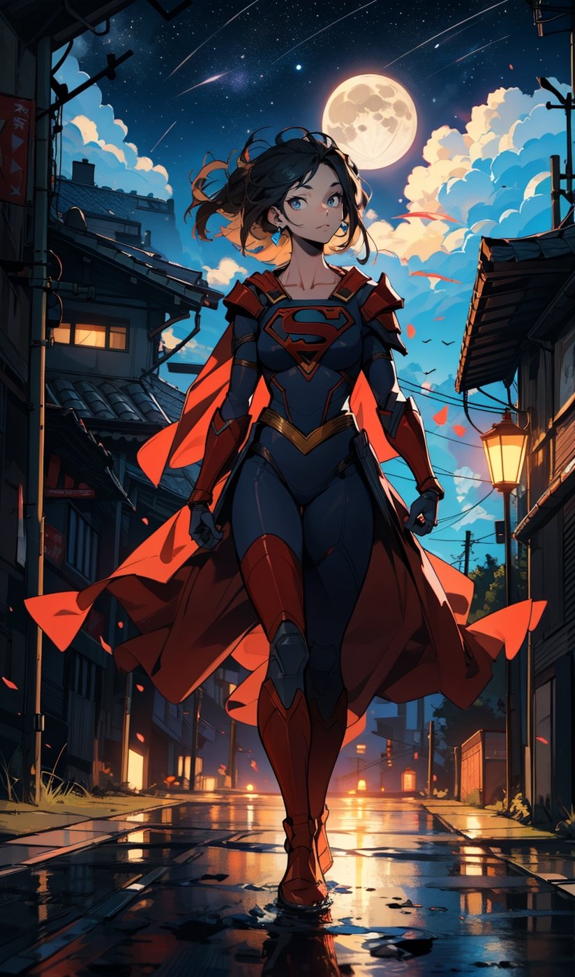 ((Masterpiece, highly detailed, extremely detailed, beautiful, HD)), 1lady, area lighting, hourglass_figure, HD, 8k, ((supergirl)), long_cape, (knight black armor), black_hair, blue eyes, full body, cloud, open fields, moon, night, stars. 