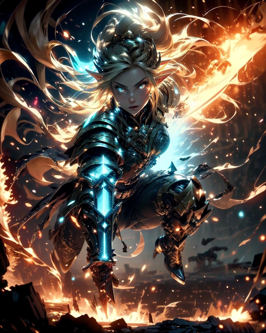 (1girl), (beautiful elf woman), paladin, large shield, paladin armor, very large sword in hand, fire particles floating around, battlefield, action position, dynamic position,High detailed, (dark yellow theme:1.2)