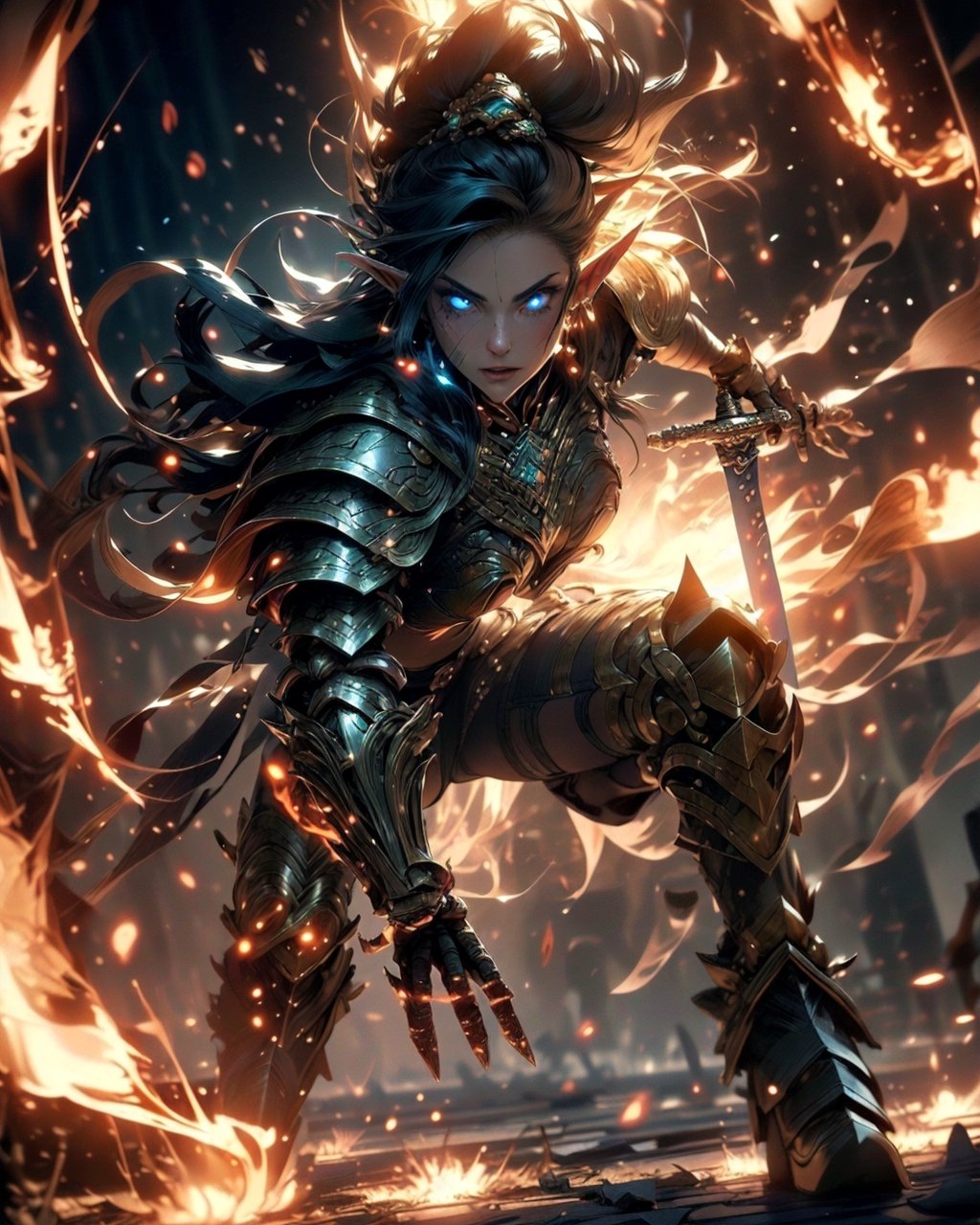 (1girl), (beautiful elf woman), paladin, large shield, paladin armor, very large sword in hand, fire particles floating around, battlefield, action position, dynamic position,High detailed, (dark yellow theme:1.2)