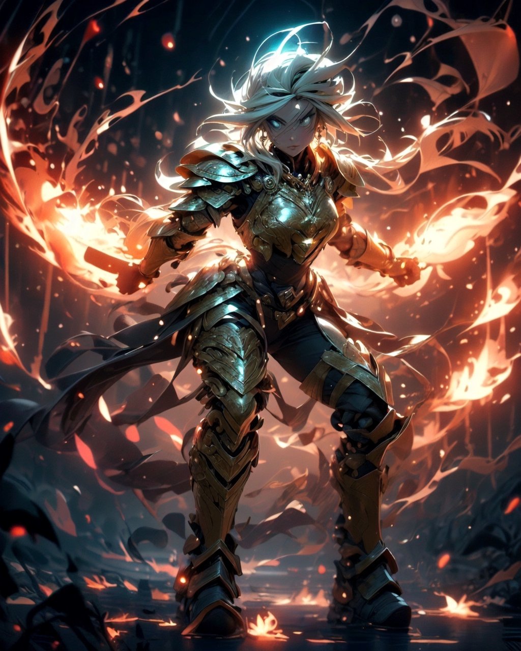 (1girl), (beautiful elf woman), paladin, large shield, paladin armor, very large sword in hand, fire particles floating around, battlefield, action position, dynamic position,High detailed, (dark yellow theme:1.2)