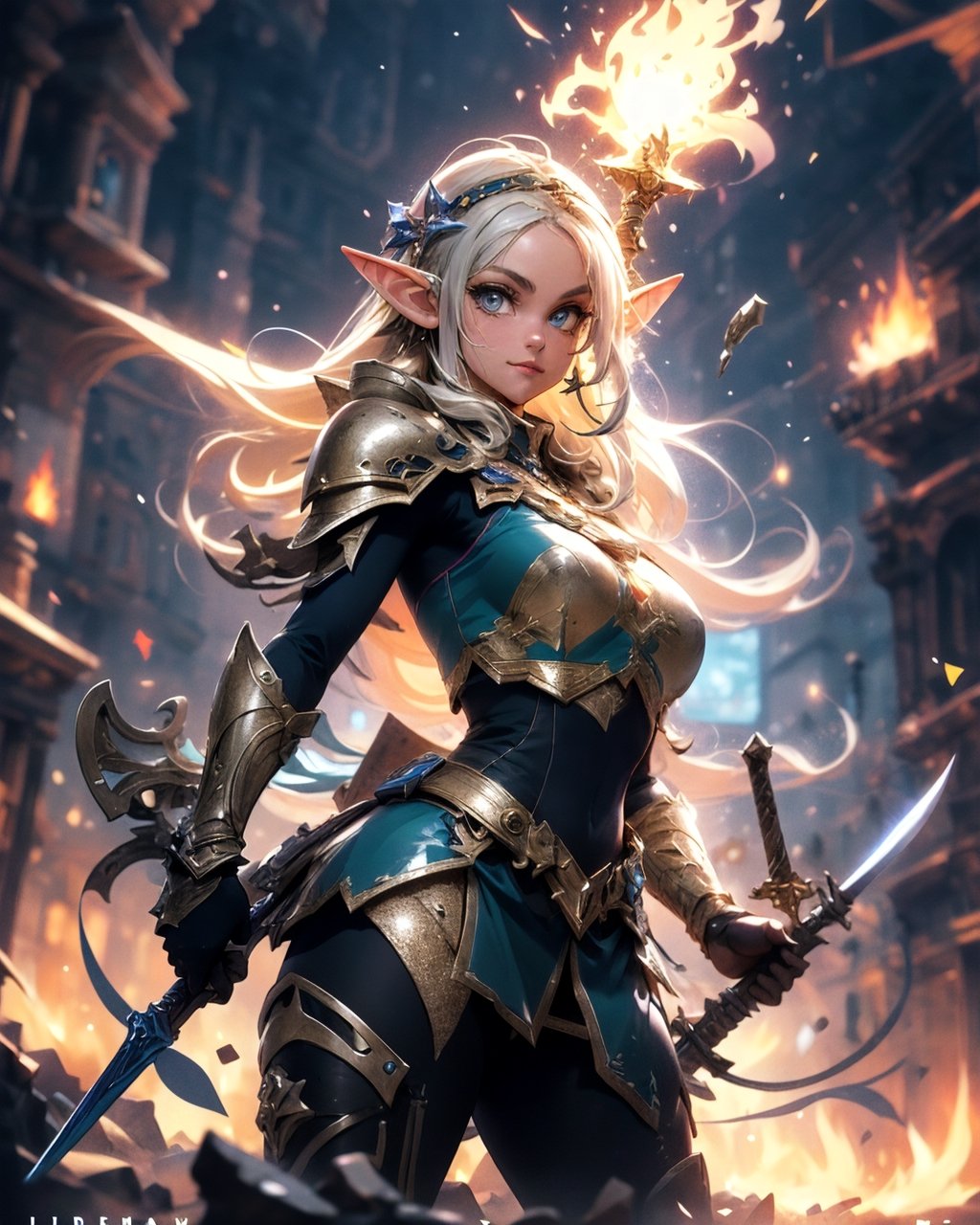 (1girl), (beautiful elf woman), paladin, large shield, paladin armor, very large sword in hand, fire particles floating around, battlefield, action position, dynamic position,High detailed,glitter, highres, shiny