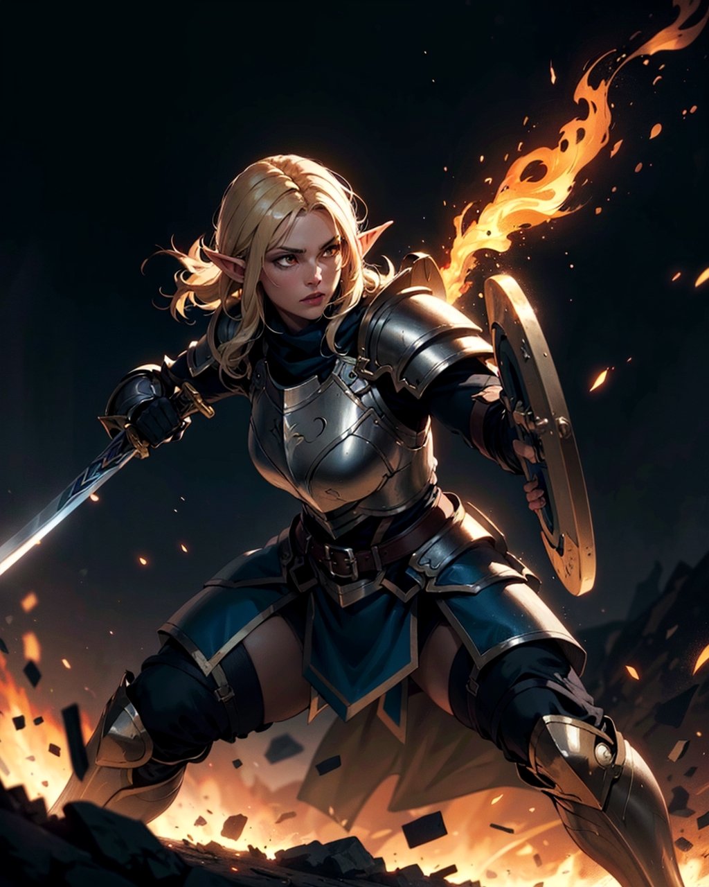 (1girl), (beautiful elf woman), paladin, large shield, paladin armor, very large sword in hand, fire particles floating around, battlefield, action position, dynamic position,High detailed, (dark yellow theme:1.2)