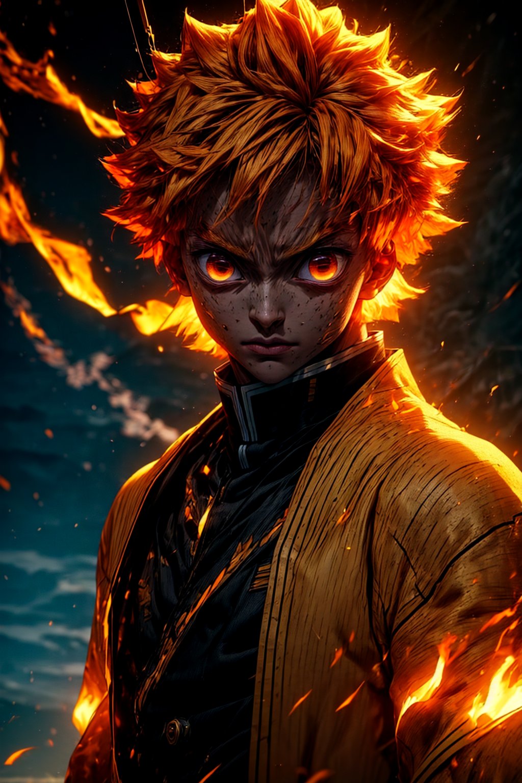 sharp focus, dynamic, (natural skin texture, hyperrealism:1.25), (skinny:1.25),portrait of Zenitsu, 1boy , glowing eyes, looking at viewer, serius face, empty look, dinamic pose, dinamic hair, strong wind, orange hair-streaks, very low angle, looking at camera, pale skin, staring, full body, big white moon background, perfecteyes, *see the examples*,r1ge,flaming eye, yellow clothes, electricity, electric strikes ,bangs,agatsuma_zenitsu,weapon,*see the examples*