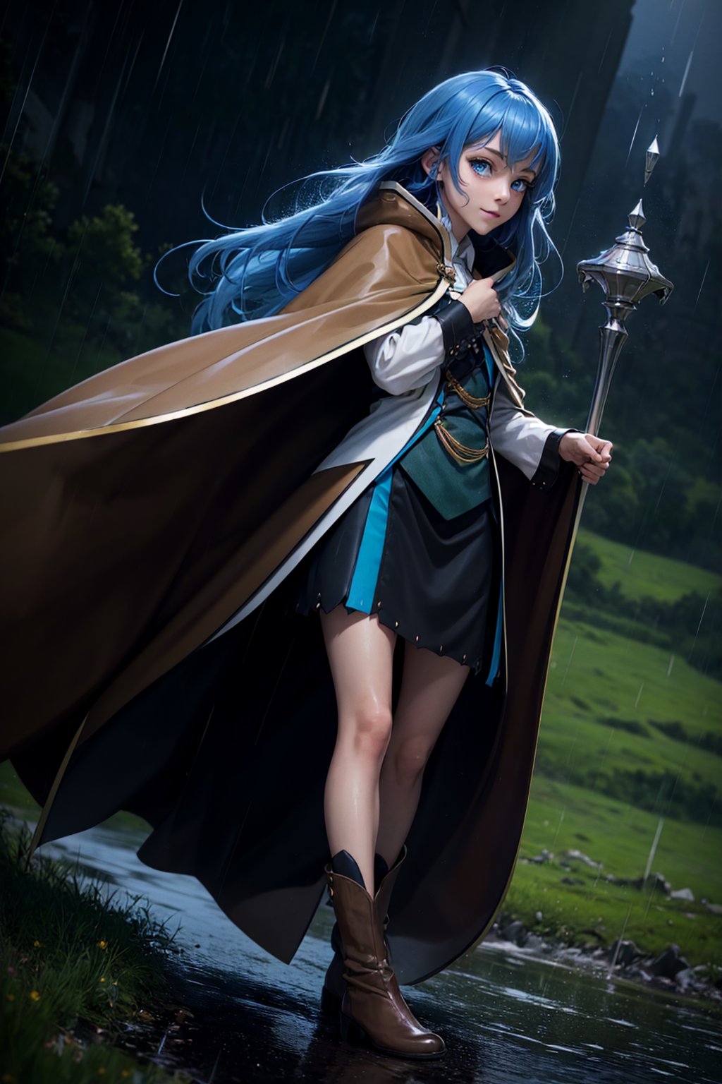 sharp focus, dynamic, (natural skin texture, hyperrealism:1.25), (skinny:1.25), girl summoning a very heavy rain storm, blue eyes, dinamic pose, dinamic hair, strong wind, long blue hair, using a powerfull spell, low angle, pale skin, lazy smile, shy looking at viewer, staring, full body, big green landscape, long brown wizard cape. very long magic wand,anime