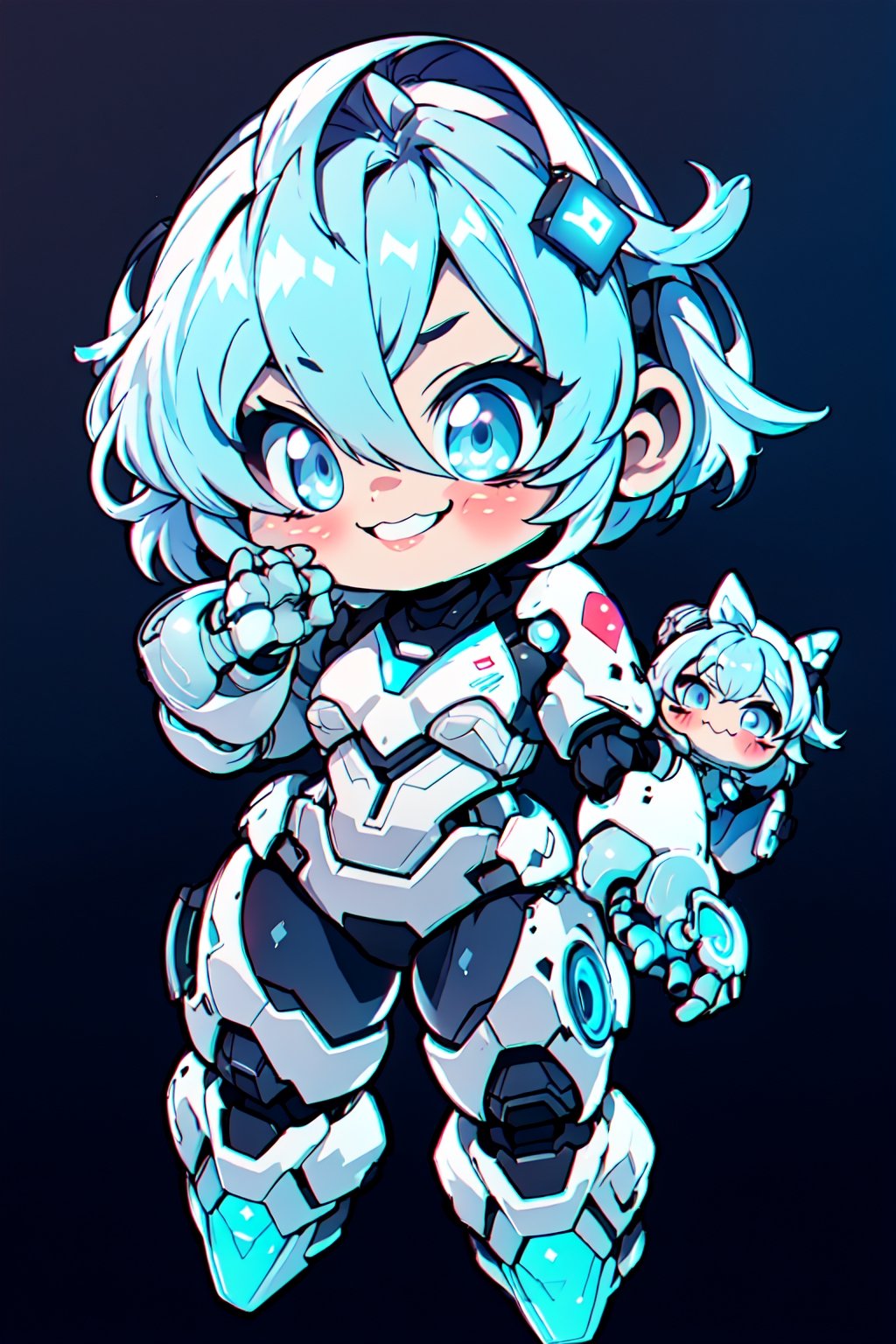 chibi, centered, full body, digital art, | dark blue hair, dark blue eyes, female cute robot, robot, mascot, confident smile, action pose, chibi, metal, white and blue futuristic armor, neon lights, | (white background:1.2), simple background, | (symetrical),chibi style,cls_chibi,Niji Emote