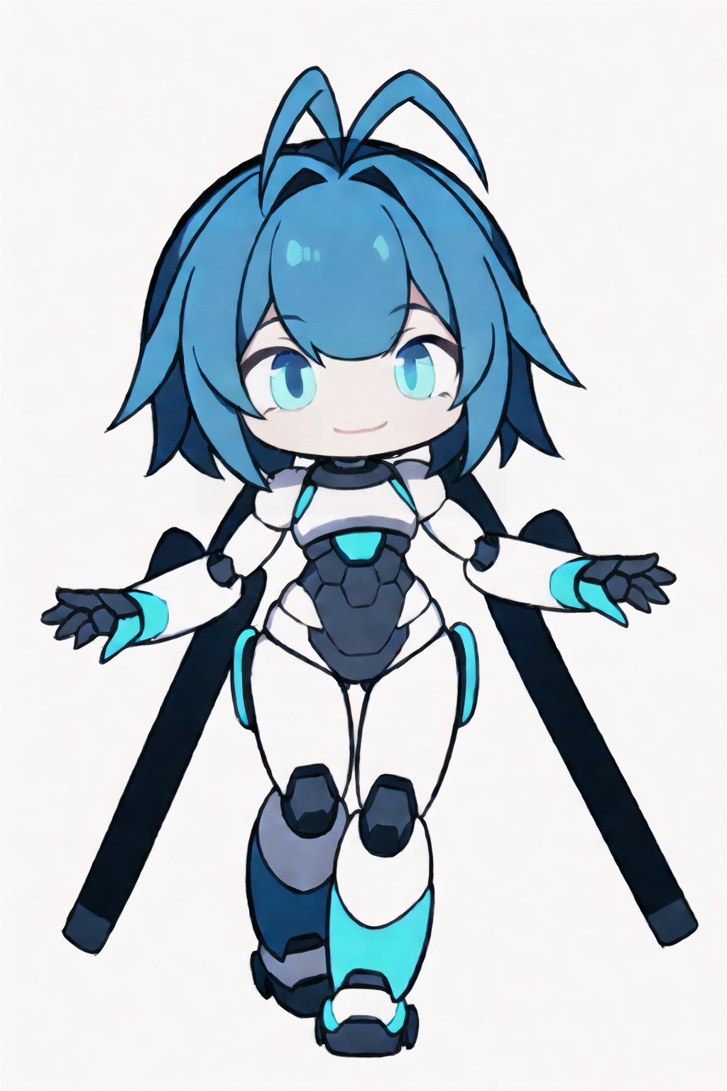 chibi, centered, full body, digital art, | dark blue hair, dark blue eyes, female cute robot, robot, mascot, confident smile, antenna, antenna_(anatomy), antennae_(anatomy), action pose, chibi, metal, white and blue futuristic armor, neon lights, | (white background:1.2), simple background, | (symetrical),chibi style