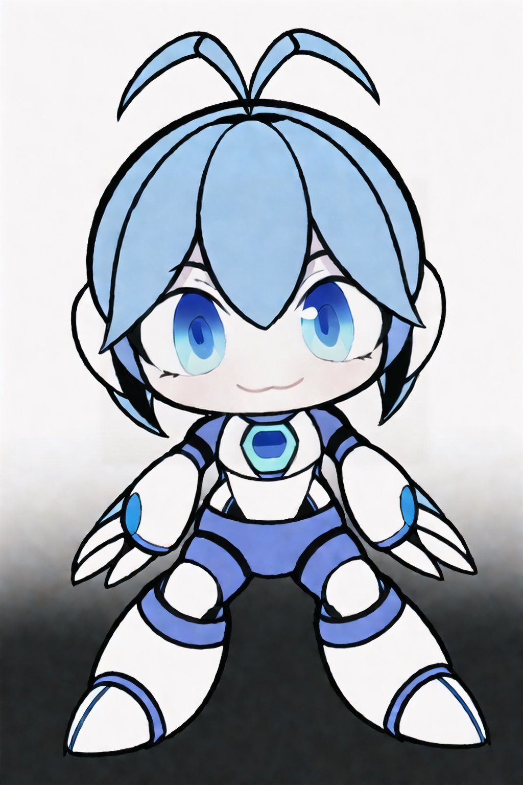 chibi, centered, full body, digital art, | dark blue hair, dark blue eyes, female cute robot, robot, mascot, confident smile, antenna, antenna_(anatomy), antennae_(anatomy), action pose, chibi, metal, white and blue futuristic armor, neon lights, | (white background:1.2), simple background, | (symetrical),chibi style