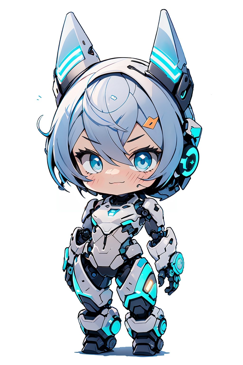 chibi, centered, full body, digital art, | dark blue hair, dark blue eyes, female cute robot, robot, mascot, confident smile, antenna, antenna_(anatomy), antennae_(anatomy), action pose, chibi, metal, white and blue futuristic armor, neon lights, | (white background:1.2), simple background, | (symetrical),chibi style,cls_chibi,Niji Emote