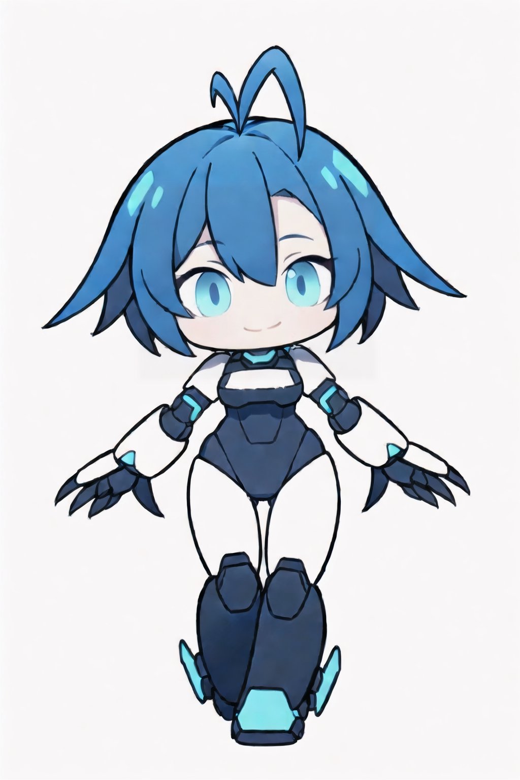 chibi, centered, full body, digital art, | dark blue hair, dark blue eyes, female cute robot, robot, mascot, confident smile, antenna, antenna_(anatomy), antennae_(anatomy), action pose, chibi, metal, white and blue futuristic armor, neon lights, | (white background:1.2), simple background, | (symetrical),chibi style