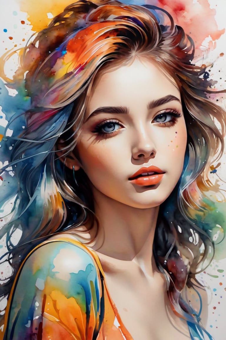 Colorful beautiful woman, a woman 18-years old, multiple color messy hair, watercolor, nice perfect face, multiple colors, intricate detail, splash screen, 8k resolution, masterpiece, cute face,art station digital painting smooth veryBlack ink flow, 8k resolution photorealistic masterpiece, intricately detailed fluid gouache painting, calligraphy, acrylic, watercolor art, professional photography, natural lighting, volumetric lighting maximalist, complex, elegant, expansive, fantastical