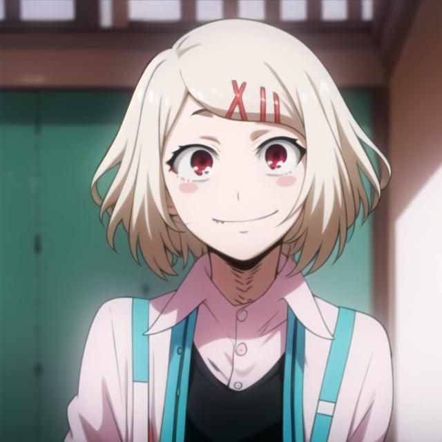 masterpiece, best quality, 1boy, solo, male focus, looking at viewer, upper body, , , juuzou_suzuya, white hair, red eyes, blush stickers, ochaco_uraraka