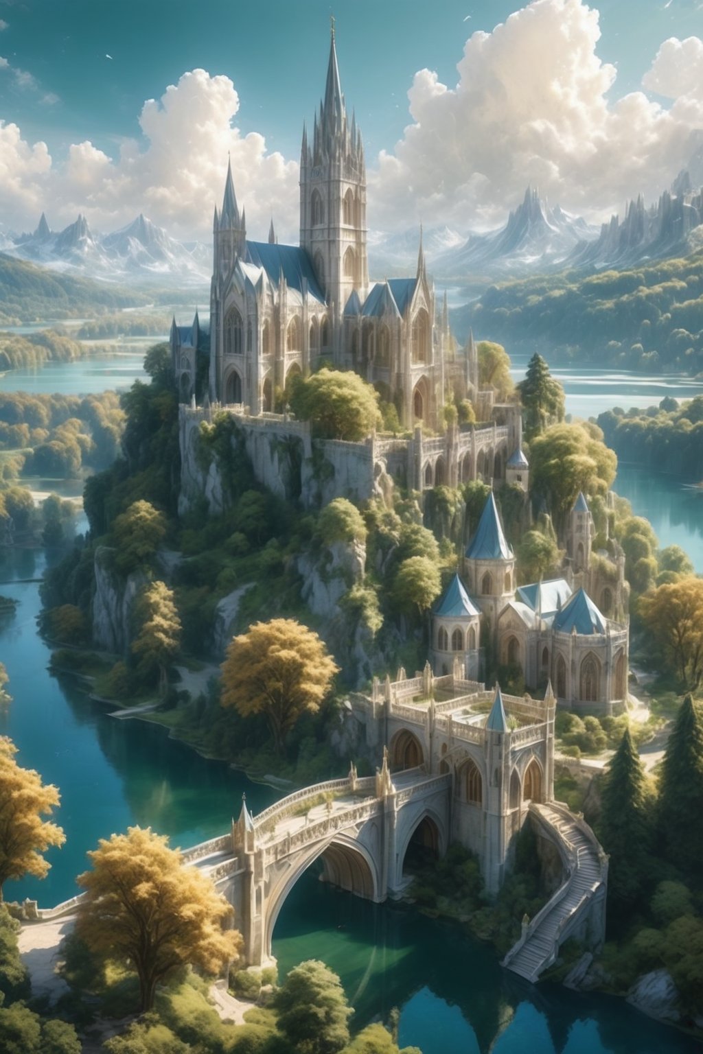 A majestic aerial view of a fantasy world, where two Elven marble castles stand majestically on a cliff, connected by arched bridges that stretch across the crystal-clear waters of a serene lake. The surrounding landscape is dotted with towering white trees, their delicate branches swaying gently in the breeze. A mountain range stretches out to the horizon, its peaks shrouded in misty clouds. In the distance, a magnificent cathedral and tower rise from the city's heart, bathed in warm sunlight that casts a golden glow on the lush greenery below.
