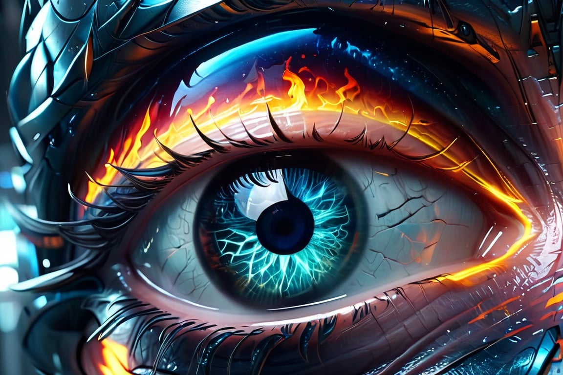 A mesmerizingly luminescent eye, like liquid fire flowing through glowing veins, is depicted in hyperreal detail in this fantasy and sci-fi-inspired image. Utilizing ray tracing and hyper-realistic techniques, the octane render captures a close-up view that feels almost tangible, akin to macro photography. The fiery intensity of the eye is intensified by the intricate detail, creating a visually stunning and immersive experience that transports viewers to a fantastical realm.,glitter,crystalz,DonM3l3m3nt4lXL,Disney pixar style,Cyberpunk,LegendDarkFantasy,SteelHeartQuiron character