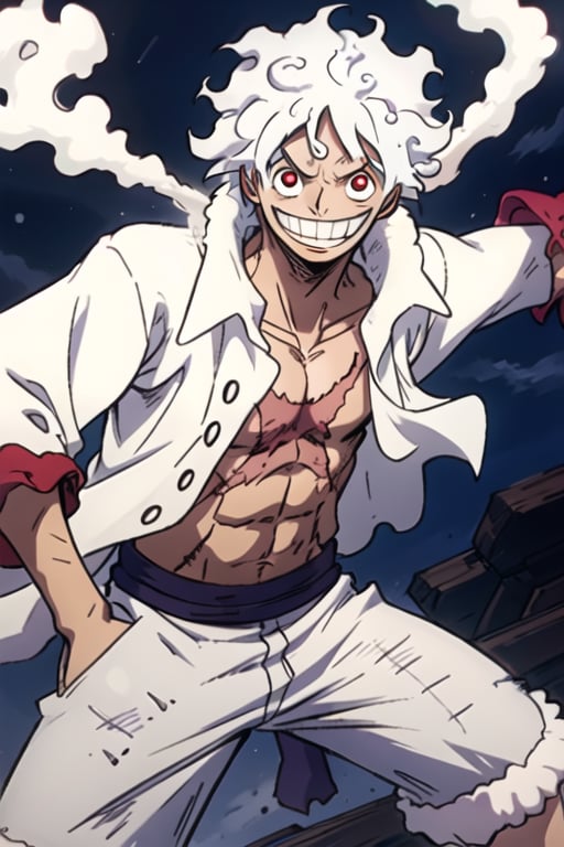 gear fifth, wanostyle, monkey d. luffy, 1boy,alternate form, fighting type style,burn scar, smile, teeth, curly eyebrows, thick eyebrows, fur trim, looking at viewer, male focus, medium hair, night, open clothes, open shirt, outdoors, pectorals, scar on chest, scar on face, shorts, solo, steam, sanpaku, stomach, toned, toned male, white clothes,white hair, red eyes,  (masterpiece), High resolution, High quality,4k ,4k resolution , anime style, anime version, similar to anime series (one piece)