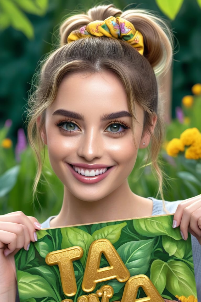 A wavy hair top scrunchie girl in a garden, smiling, holding a golden board with text "TA!YEAR" text,illustration,ultra-detailed,realistic,vivid colors,hdr,sharp focus,studio lighting,beautiful detailed eyes,beautiful detailed lips,longeyelashes,medium