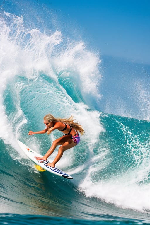 huge ocean waves girls surfing  background. 19 year old bleach-blonde girl is surfing, hang ten, nice wave, great style, pro surfer girl. Close up sports photography.