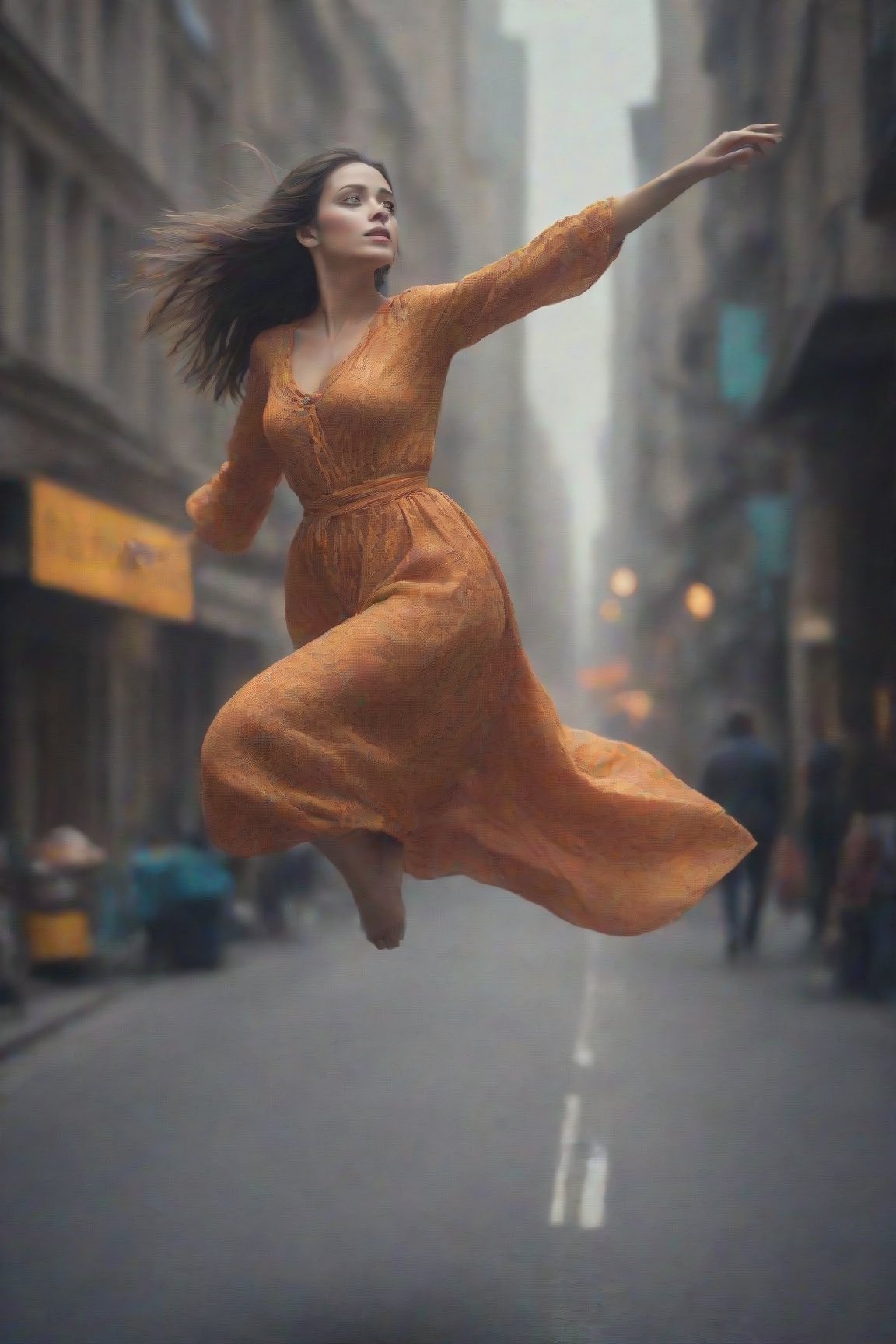 Generate hyper realistic image of a woman as she levitates on the bustling streets of a vibrant city, her vibrant attire and confident stride captivating the attention of passersby, her eyes holding a thousand stories waiting to be told. She is lucid dreaming.