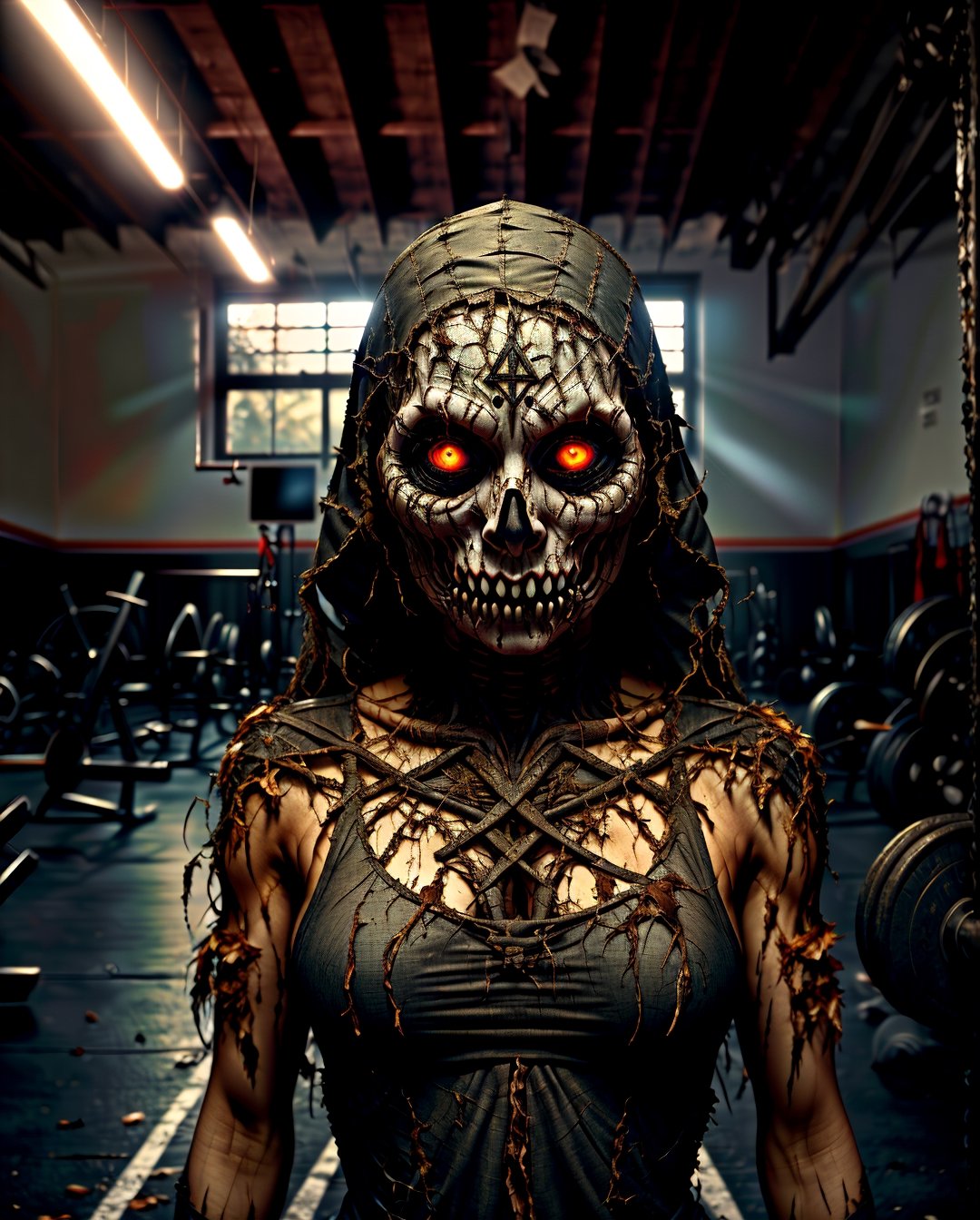 A scene in a gym full of mummies: "It generates an eerie visual representation of a terrifying mummy training in an abandoned gym. This terrifying figure features deep, frightening white eyes that reflect the infinite expanse of darkness. His sloppy headbands dirty with a touch of blood, framing their grotesque and decomposed figures. They are adorned with torn and modern ribbons that accentuate their dried flesh and bones complementing their horror. The design of the clothing radiates terror and hunger to kill. The gymnasium around them is filled with a frightened crowd of people terrified by what they see. The atmosphere is filled with sounds of horror, eerie screams and the eerie darkness of a death day in the gym. Captures the essence of the terror bathed by the abandoned place and the eerie horror of a "terrifying mummy against the backdrop of a sloppy, creepy gym scene." Super detailed, super realistic photographic cinematic image, 8k HDR super high quality image, masterpiece, , , , drow