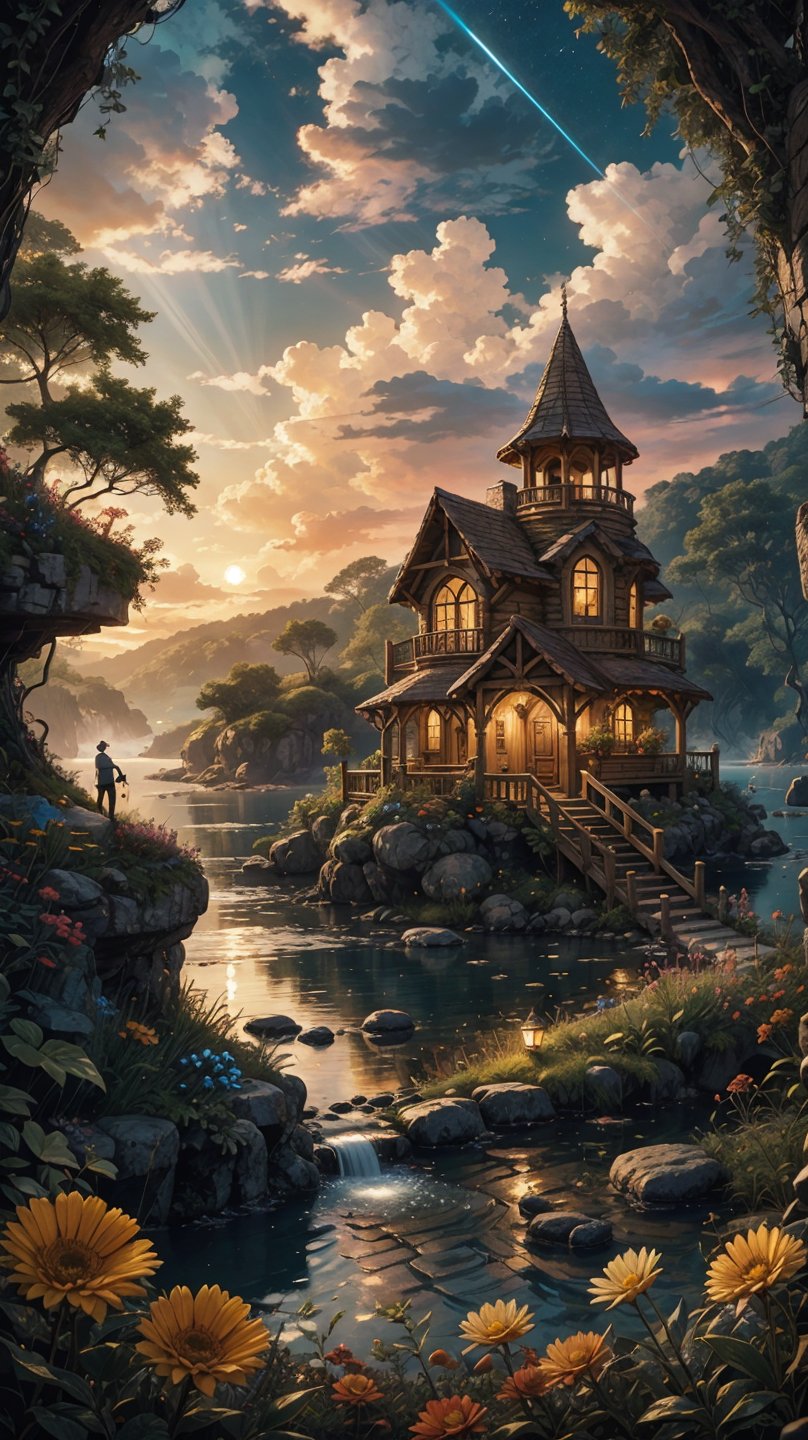 Incorporate the style of Bec Winnel into a high-resolution, 8K image featuring a low-angle view at sunset. The scene depicts a luxurious man's cave cabin adorned with detailed limestone, nestled on a rocky beach with a fountain park and enchanted floral background. The setting exudes a mystical glow, with an intricate, luminous, and vivid light-ray effect, creating an ethereal fantasy concept art. The oasis surrounding the cabin is meticulously detailed, showcasing a blend of natural elements and artistic glowing features. The overall composition should be magnificent, celestial, and majestic, evoking a sense of magic and wonder. Embrace a painterly approach to capture the essence of a dreamy, epic landscape inspired by the works of Andre Kohn. The image should serve as a cover art piece, transporting viewers to a realm of fantasy and enchantment.