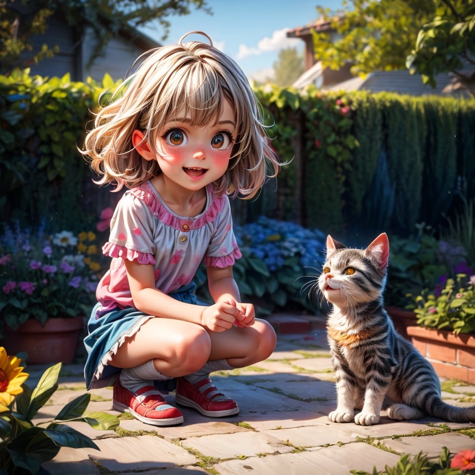 Create images of childrens playfully playing with cheerful cats in different environments, capturing their cuteness and happiness. Show the diversity of cat species, in gardens, homes to beautiful natural and family environments, highlight the love that these children feel for their cats. (childrens playfully playing with cheerful cats), cats,
Super realistic 8k HDR photographic cinematic image, super detailed, super high quality image, masterpiece, Standard lens. Golden hour lighting. 8k, UHD, intricate detailed, highly detailed, hyper-realistic,n4g4,child