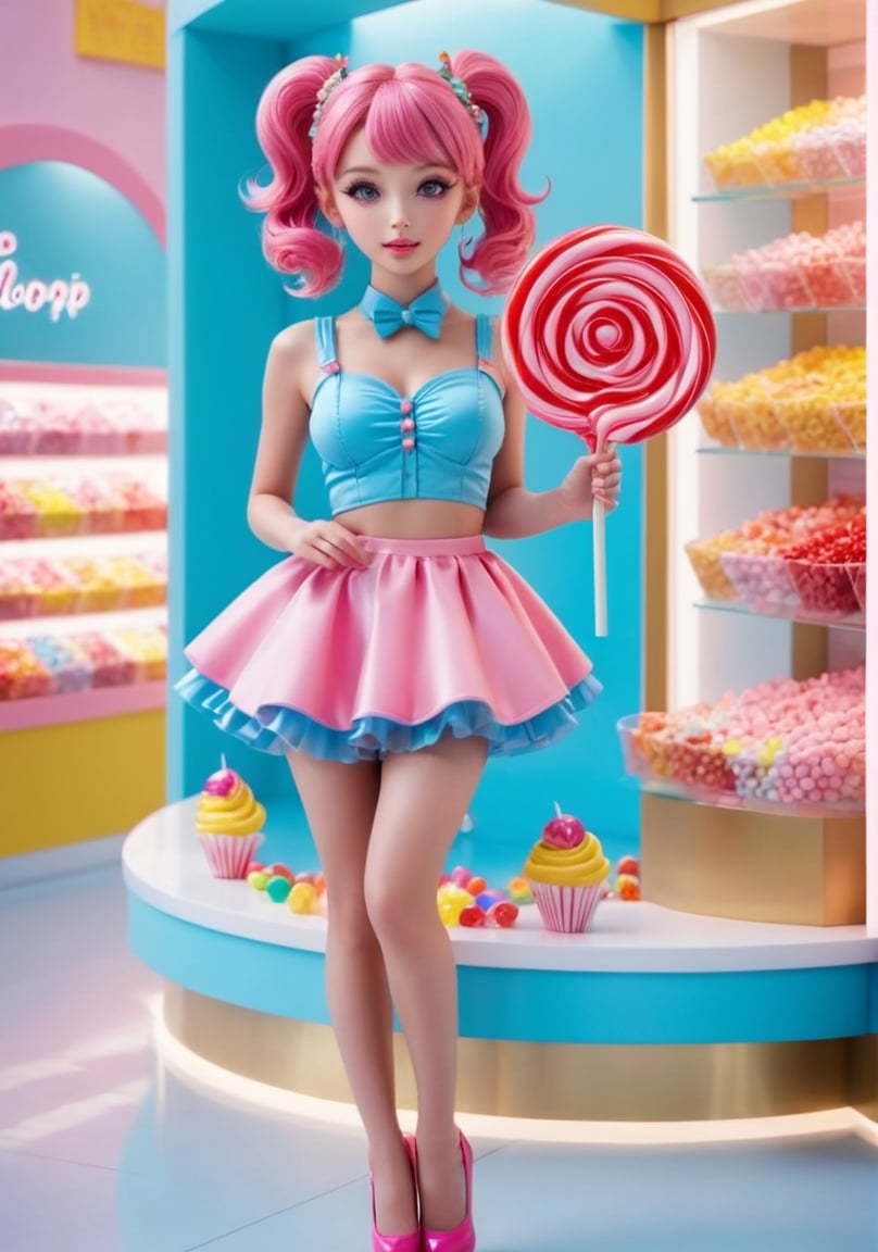 A scene in a place full of sweets and candies with a beautiful young lolipop girl: "It generates a vibrant visual representation of a dazzling young lolipop girl in a place full of bustling sweets and candies. This captivating figure features deep and fascinating pink eyes that reflect the infinite expanse of candies. Her loose pink hair shines with a hint of sugar, framing her perfect figure. She is adorned in a stylish and modern lolipop outfit that accentuates her curves and complements her beauty. The design of the lolipop outfit exudes confidence and style. The place around you is filled with a lively crowd of adorable colorful candy, sweet, savory and lolipop characters. The atmosphere is filled with sounds of laughter, refreshing breezes breaking and the cheerful energy of a lovely day at the place filled with sweets and candies. Capture the essence of leisure bathed in sweetness and charm of this beautiful young girl in front of the backdrop of a lively scene of a place full of sweets and candies." Super super detailed, super realistic photographic cinematic image, 8k HDR super high quality image, masterpiece, (sexy muscle: 0.8, big legs, long hear, accentuated breasts), drow