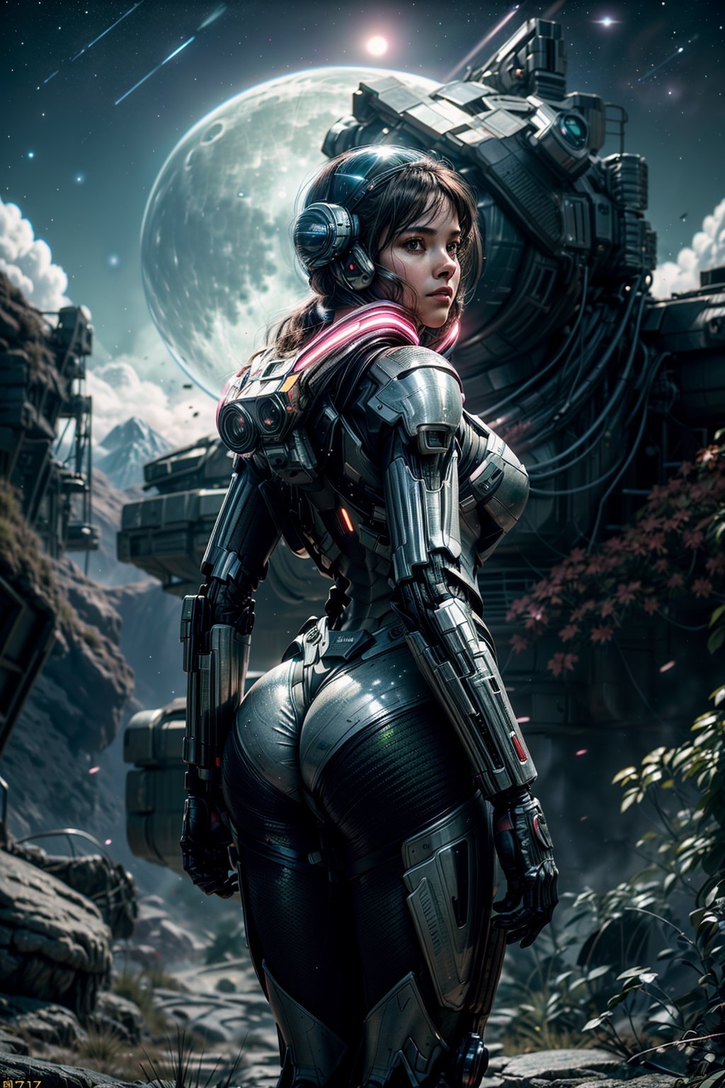 Highly detailed RAW color Photo, Rear Angle, Full Body, of (female space soldier, wearing vivid bright pink and black space suit, helmet, tined face shield, rebreather), from behind, nice ass, pear shaped ass, outdoors, (looking up at advanced alien structure), (sci-fi), (mountains:1.1), (lush green vegetation), (two moons in sky:1.3), (highly detailed, hyperdetailed, intricate), (lens flare:0.7), (bloom:0.7), particle effects, raytracing, cinematic lighting, shallow depth of field, photographed on a Sony a9 II, 50mm wide angle lens, sharp focus, cinematic film still from Gravity 2013.,mecha