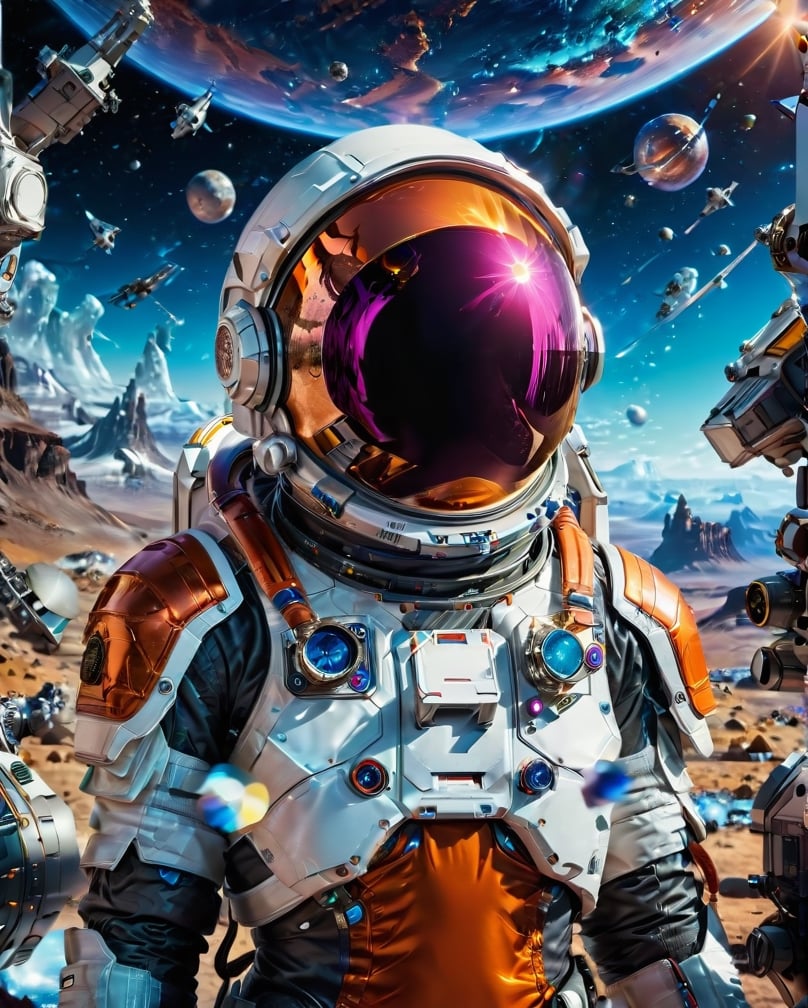 An interplanetary space scene filled with an unknown world with a beautiful young futuristic astronaut: "It generates a vibrant visual representation of a young space astronaut in an unknown world.
Ray tracing, Super realistic photographic cinematic image 8K ULTRA HD HDR, magical photography, super detailed, (ultra detailed), (top quality, best quality, super high quality image, masterpiece), standard lens, dramatic lighting, 8k, UHD, intricate detail, (gradients), comprehensive cinematic, colorful, visual key, highly detailed, extreme detailed, hyper-realistic, (very detailed background, detailed landscape), delicate details, raw image, dslr, action poses,different random scenes, score_9