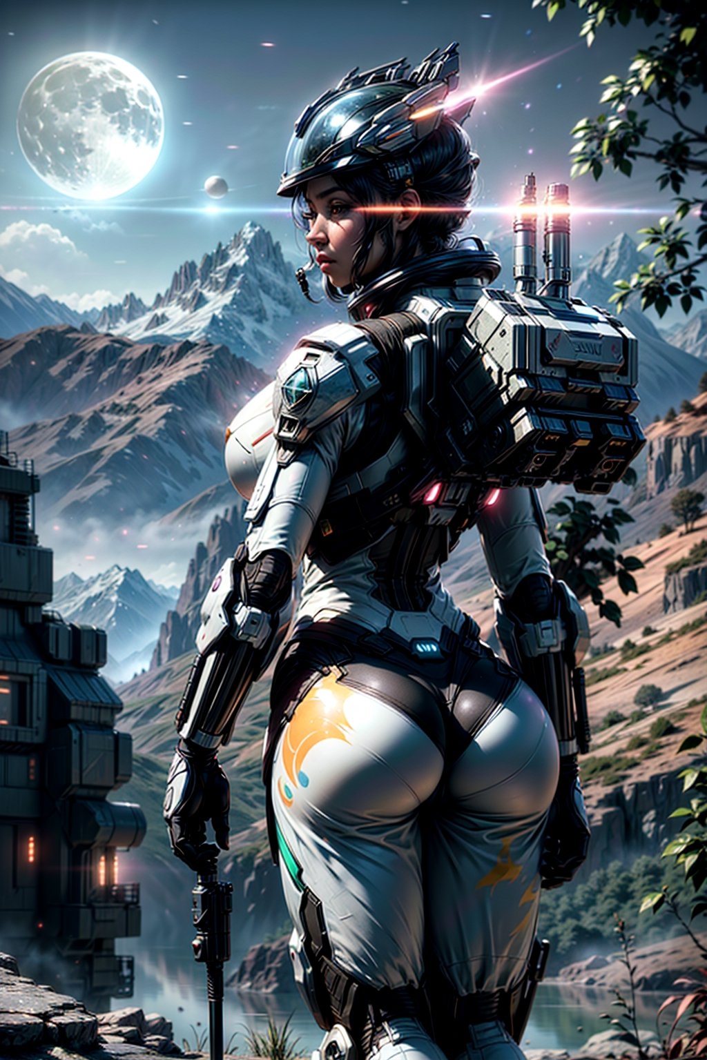 Highly detailed RAW color Photo, Rear Angle, Full Body, of (female space soldier, wearing vivid bright pink and black space suit, helmet, tined face shield, rebreather), from behind, nice ass, pear shaped ass, outdoors, (looking up at advanced alien structure), (sci-fi), (mountains:1.1), (lush green vegetation), (two moons in sky:1.3), (highly detailed, hyperdetailed, intricate), (lens flare:0.7), (bloom:0.7), particle effects, raytracing, cinematic lighting, shallow depth of field, photographed on a Sony a9 II, 50mm wide angle lens, sharp focus, cinematic film still from Gravity 2013.,mecha