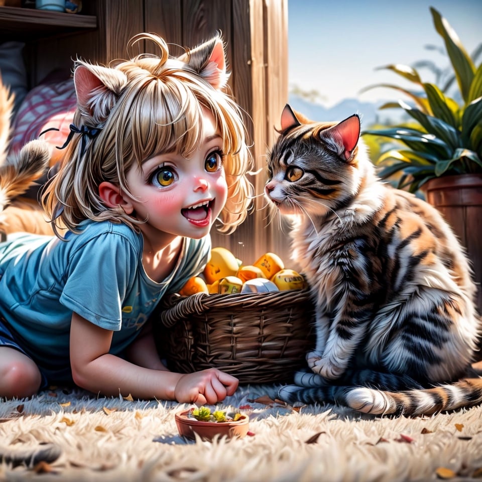 Create images of childrens playfully playing with cheerful cats in different environments, capturing their cuteness and happiness. Show the diversity of cat species, in gardens, homes to beautiful natural and family environments, highlight the love that these children feel for their cats. (childrens playfully playing with cheerful cats), cats, Children boys, children girls, (((no cat ears)))
Super realistic 8k HDR photographic cinematic image, super detailed, super high quality image, masterpiece, Standard lens. Golden hour lighting. 8k, UHD, intricate detailed, highly detailed, hyper-realistic,round animal