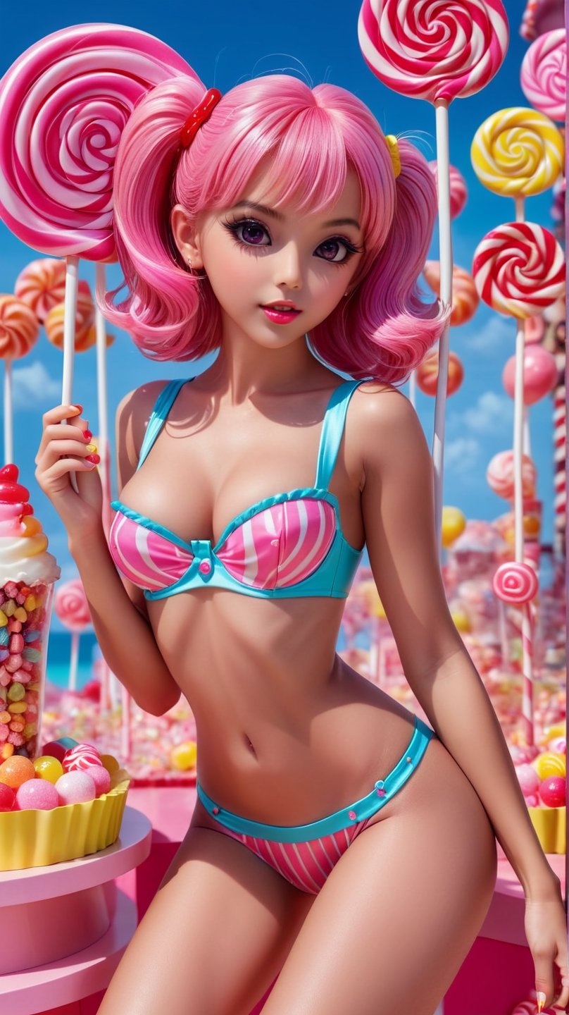 A scene in a place full of sweets and candies with a beautiful young lolipop girl: "It generates a vibrant visual representation of a dazzling young lolipop girl in a place full of bustling sweets and candies. This captivating figure features deep and fascinating pink eyes that reflect the infinite expanse of candies. Her loose pink hair shines with a hint of sugar, framing her perfect figure. She is adorned in a stylish and modern lolipop outfit that accentuates her curves and complements her beauty. The design of the lolipop outfit exudes confidence and style. The place around you is filled with a lively crowd of adorable colorful candy, sweet, savory and lolipop characters. The atmosphere is filled with sounds of laughter, refreshing breezes breaking and the cheerful energy of a lovely day at the place filled with sweets and candies. Capture the essence of leisure bathed in sweetness and charm of this beautiful young girl in front of the backdrop of a lively scene of a place full of sweets and candies." Super super detailed, super realistic photographic cinematographic image, 8k HDR super high quality image, masterpiece, (beautiful young girl 25 years old, sexy muscle:0.8, big legs, long hear, accentuated breasts), drow,Movie Still,p3rfect boobs