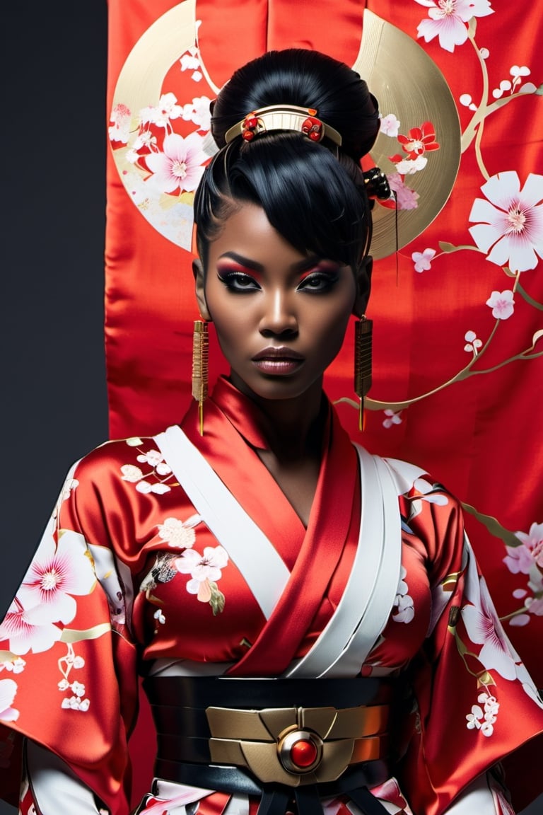 A black female cyborg assassin, "Ghost in the Shell style", cyborg looks futuristic. She is adorned in a traditional, futuristic, elegant and modern kimono dress that accentuates her curves and complements her beauty. The traditional kimono design exudes confidence, revealing, elegance and style. (((African American woman))), (((traditional kimono dress))), Bright red killer eyes, black hair, tan skin:3.5, long hair, accentuated huge breasts, intentionally exposed mechanical and cyborg arms, large mechanical legs, wide hips, lethal arms, action poses, futuristic cyberpunk background, masterpiece, hyper realistic,