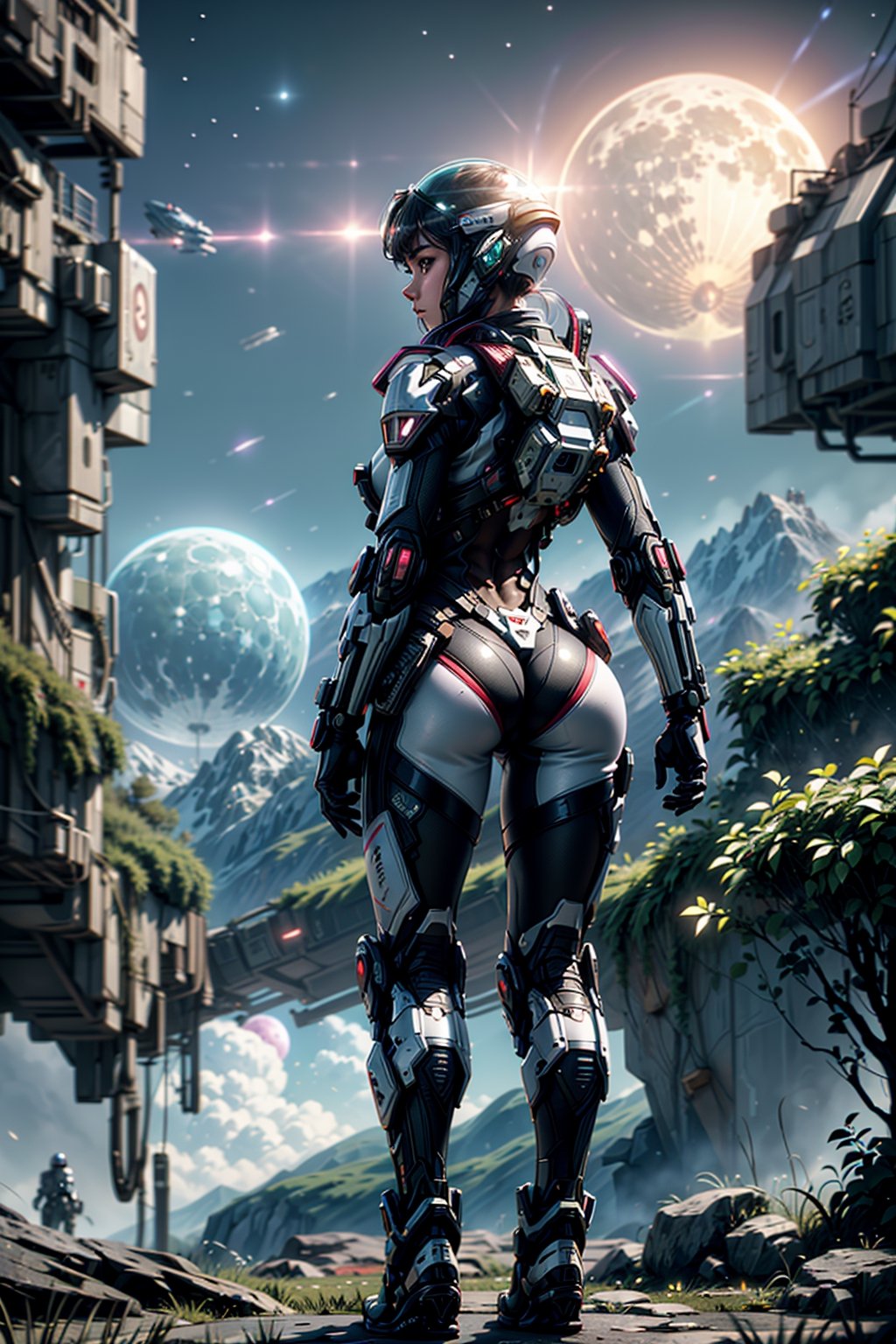 Highly detailed RAW color Photo, Rear Angle, Full Body, of (female space soldier, wearing vivid bright pink and black space suit, helmet, tined face shield, rebreather), from behind, perfect ass, pear shaped ass, outdoors, (looking up at advanced alien structure), (sci-fi), (mountains:1.1), (lush green vegetation), (two moons in sky:1.3), (highly detailed, hyperdetailed, intricate), (lens flare:0.7), (bloom:0.7), particle effects, raytracing, cinematic lighting, shallow depth of field, photographed on a Sony a9 II, 50mm wide angle lens, sharp focus, cinematic film still from Gravity 2013.,mecha