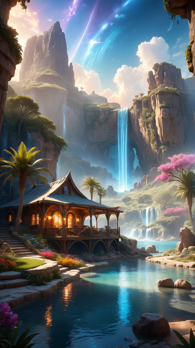 Incorporate the style of Bec Winnel into a high-resolution, 8K image featuring a low-angle view at sunset. The scene depicts a luxurious man's cave cabin adorned with detailed limestone, nestled on a rocky beach with a fountain park and enchanted floral background. The setting exudes a mystical glow, with an intricate, luminous, and vivid light-ray effect, creating an ethereal fantasy concept art. The oasis surrounding the cabin is meticulously detailed, showcasing a blend of natural elements and artistic glowing features. The overall composition should be magnificent, celestial, and majestic, evoking a sense of magic and wonder. Embrace a painterly approach to capture the essence of a dreamy, epic landscape inspired by the works of Andre Kohn. The image should serve as a cover art piece, transporting viewers to a realm of fantasy and enchantment. Colorful, Super realistic photographic cinematic image 8K ULTRA HD HDR, magical photography, super detailed, (ultra detailed), (top quality, best quality, super high quality image, masterpiece), dramatic lighting, 8k, UHD, intricate detail, (gradients), comprehensive cinematic, colorful, visual key, highly detailed, extreme detailed, hyper-realistic, (very detailed background, detailed landscape), delicate details, raw image, dslr, ,Science fiction ,leonardo
