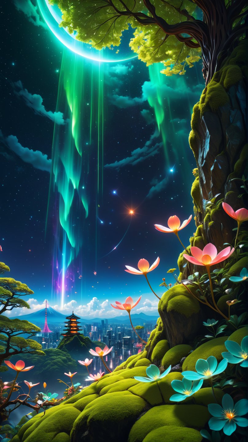 style by Petros Afshar,best quality,high resolution,realistic,8k,dynamic angle,serene,extremely detailed,absurdres particle effect,wonderful night dreamlike glowing masterpiece,celestial,detailed,realistic,clouds, JAPAN atmosphere,insane glowingTOKYO background,image concept art,phenomenal sakura blooming mesmerise,maximalist petal Bioluminescence majestic foliage detailed celestial,sightseeing,fantasy colorful-forestside ultrarealistic fairy,mossy, skytop realistic garden,huge detailed,busy green scene, Colorful, Super realistic photographic cinematic image 8K ULTRA HD HDR, magical photography, super detailed, (ultra detailed), (top quality, best quality, super high quality image, masterpiece), dramatic lighting, 8k, UHD, intricate detail, (gradients), comprehensive cinematic, colorful, visual key, highly detailed, extreme detailed, hyper-realistic, (very detailed background, detailed landscape), delicate details, raw image, dslr, ,Science fiction ,leonardo